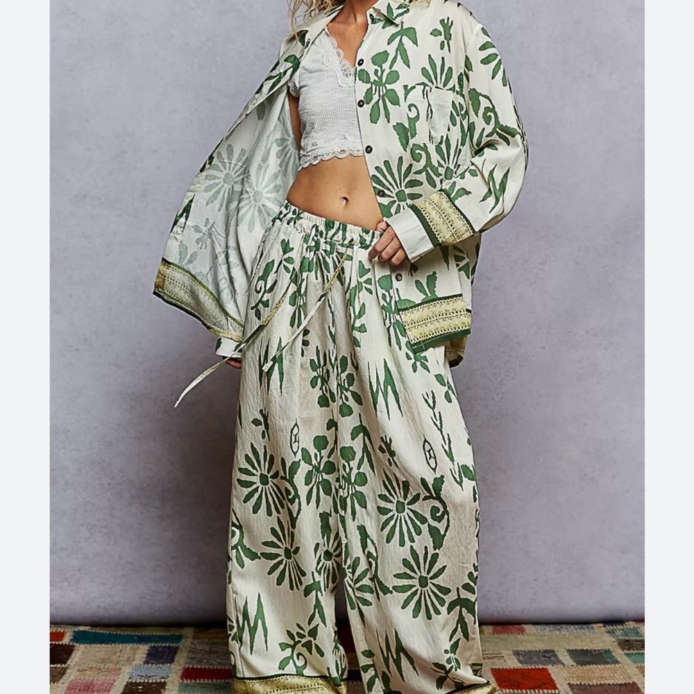 POL Cream and Green Floral Two-Piece Set